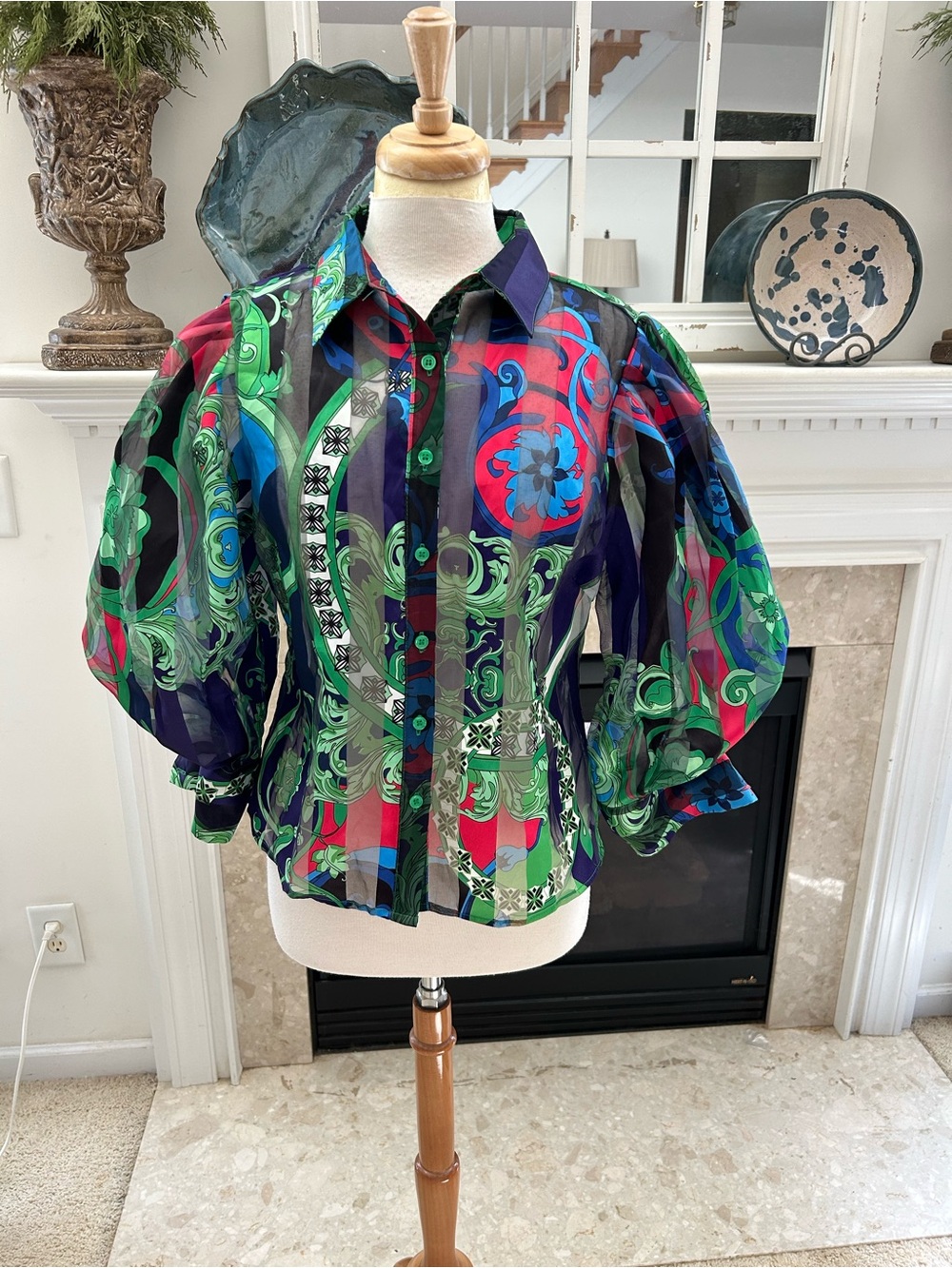 CQ by CQ Baroque Medallion Sheer Multi-Color Puff Sleeve Button-Front Blouse